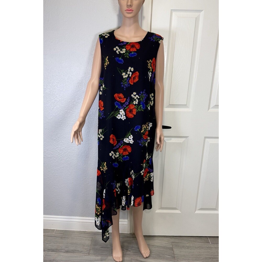 CALVIN KLEIN Women's Asymmetrical Hem Floral Printed Chiffon Midi Dress 16W - Picture 2 of 10